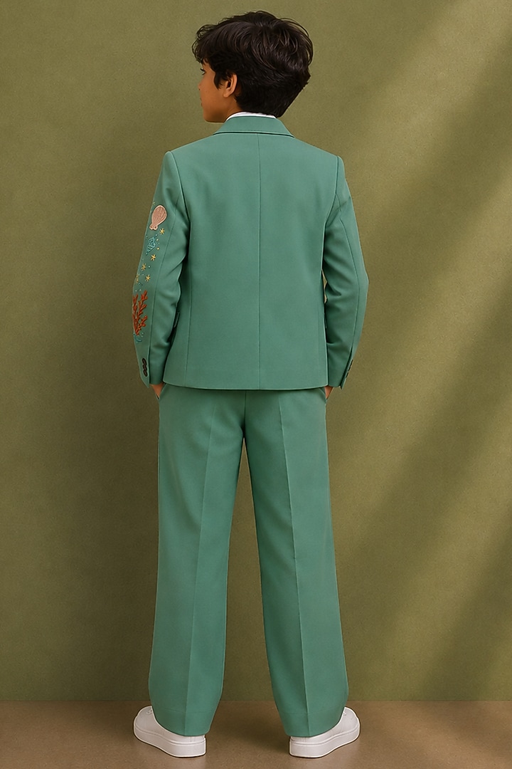 Sage Green Cotton Embroidered Blazer Set For Boys by Jorah Kids at Pernia's Pop Up Shop