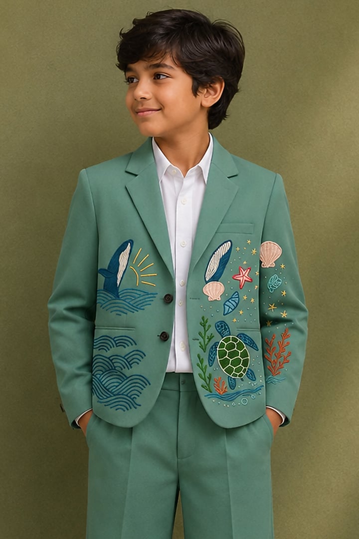 Sage Green Cotton Embroidered Blazer Set For Boys by Jorah Kids at Pernia's Pop Up Shop