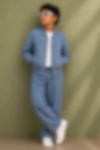 Blue Linen Bomber Jacket Set For Boys by Jorah Kids at Pernia's Pop Up Shop