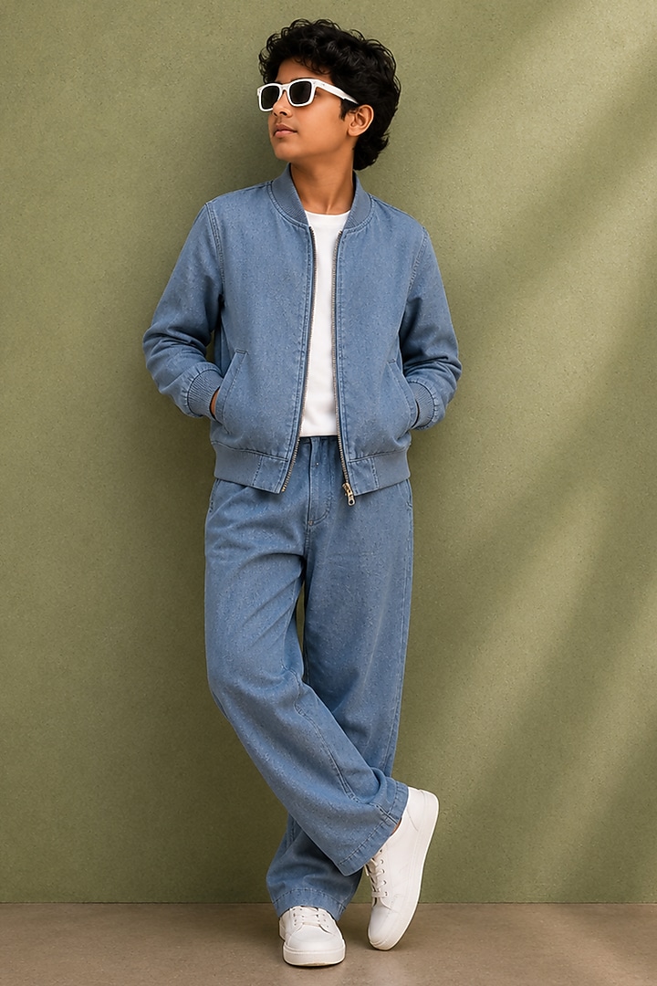 Blue Linen Bomber Jacket Set For Boys by Jorah Kids at Pernia's Pop Up Shop