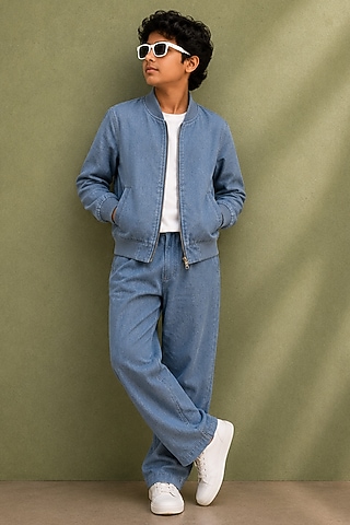 Blue Linen Bomber Jacket Set For Boys by Jorah Kids