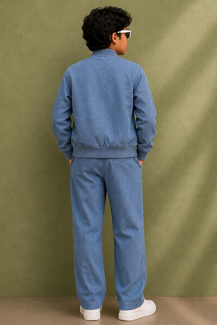 Blue Linen Bomber Jacket Set For Boys by Jorah Kids at Pernia's Pop Up Shop