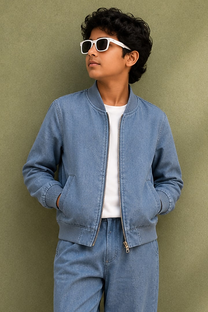 Blue Linen Bomber Jacket Set For Boys by Jorah Kids at Pernia's Pop Up Shop