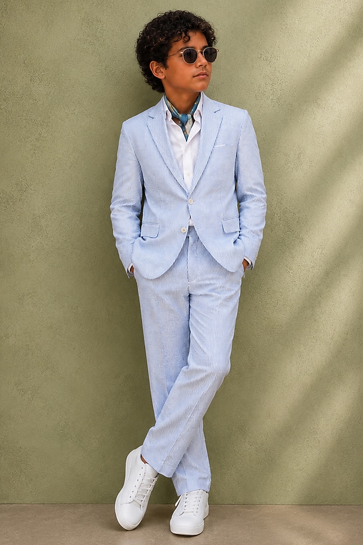 Light Blue Cotton Blazer Set For Boys by Jorah Kids at Pernia's Pop Up Shop