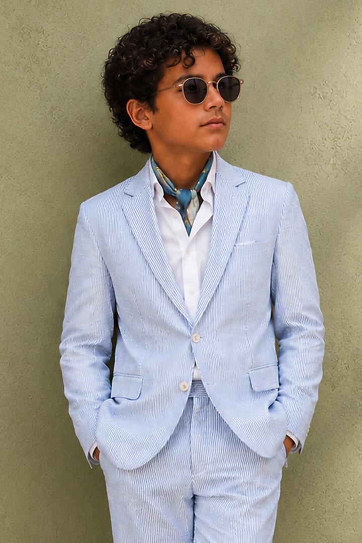 Light Blue Cotton Blazer Set For Boys by Jorah Kids at Pernia's Pop Up Shop