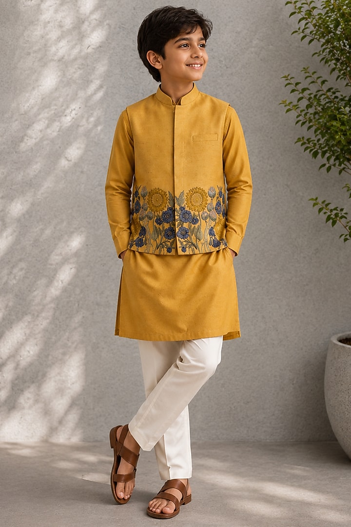 Mustard Dupion Floral Printed Nehru Jacket Set For Boys by Jorah Kids at Pernia's Pop Up Shop
