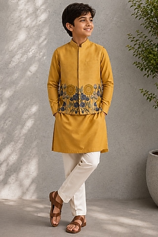 Mustard Dupion Floral Printed Nehru Jacket Set For Boys by Jorah Kids