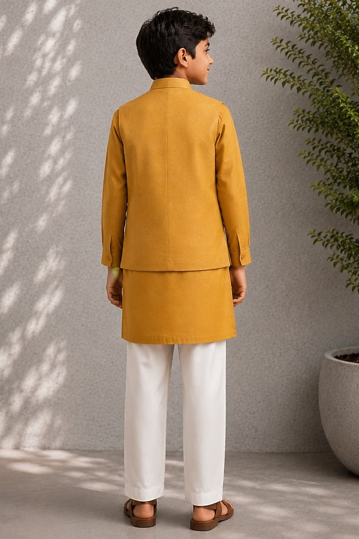 Mustard Dupion Floral Printed Nehru Jacket Set For Boys by Jorah Kids at Pernia's Pop Up Shop