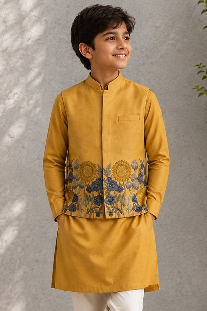 Mustard Dupion Floral Printed Nehru Jacket Set For Boys by Jorah Kids at Pernia's Pop Up Shop