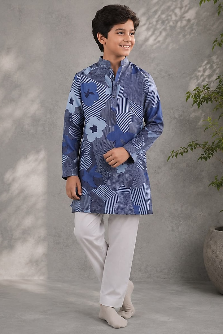Blue Mul Silk Printed Kurta Set For Boys by Jorah Kids at Pernia's Pop Up Shop