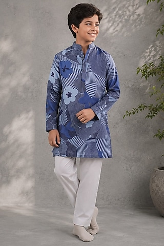 Blue Mul Silk Printed Kurta Set For Boys by Jorah Kids