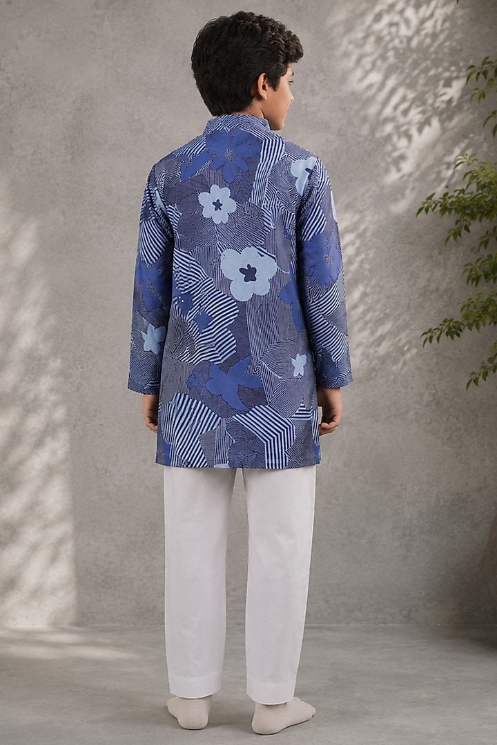 Blue Mul Silk Printed Kurta Set For Boys by Jorah Kids at Pernia's Pop Up Shop
