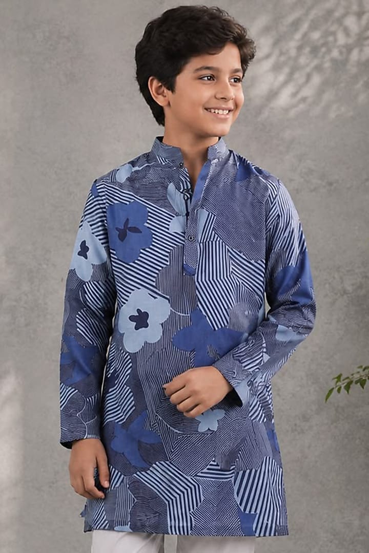 Blue Mul Silk Printed Kurta Set For Boys by Jorah Kids at Pernia's Pop Up Shop
