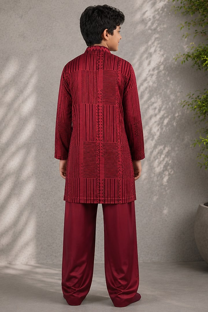 Wine Cotton Satin Printed Kurta Set For Boys by Jorah Kids at Pernia's Pop Up Shop