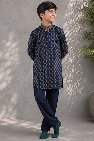 Blue Cotton Silk Embroidered Kurta Set For Boys by Jorah Kids