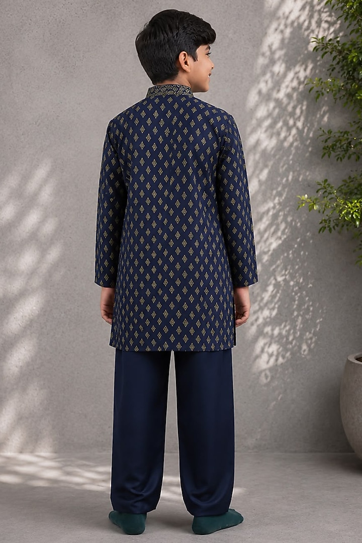 Blue Cotton Silk Embroidered Kurta Set For Boys by Jorah Kids at Pernia's Pop Up Shop