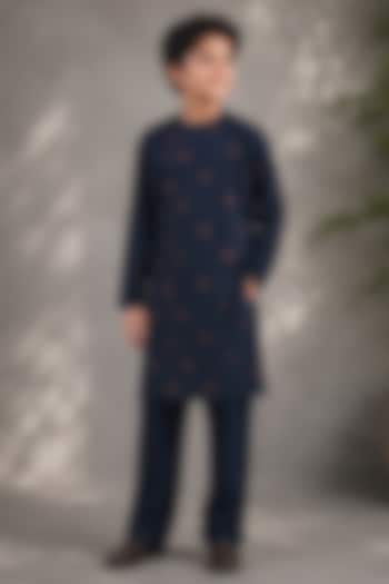 Blue Cotton Silk Embroidered Kurta Set For Boys by Jorah Kids at Pernia's Pop Up Shop