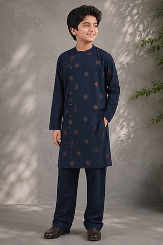 Blue Cotton Silk Embroidered Kurta Set For Boys by Jorah Kids
