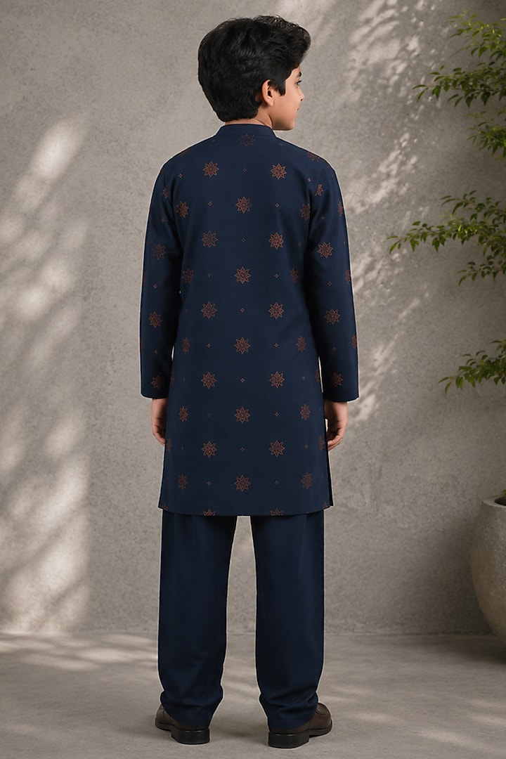 Blue Cotton Silk Embroidered Kurta Set For Boys by Jorah Kids at Pernia's Pop Up Shop