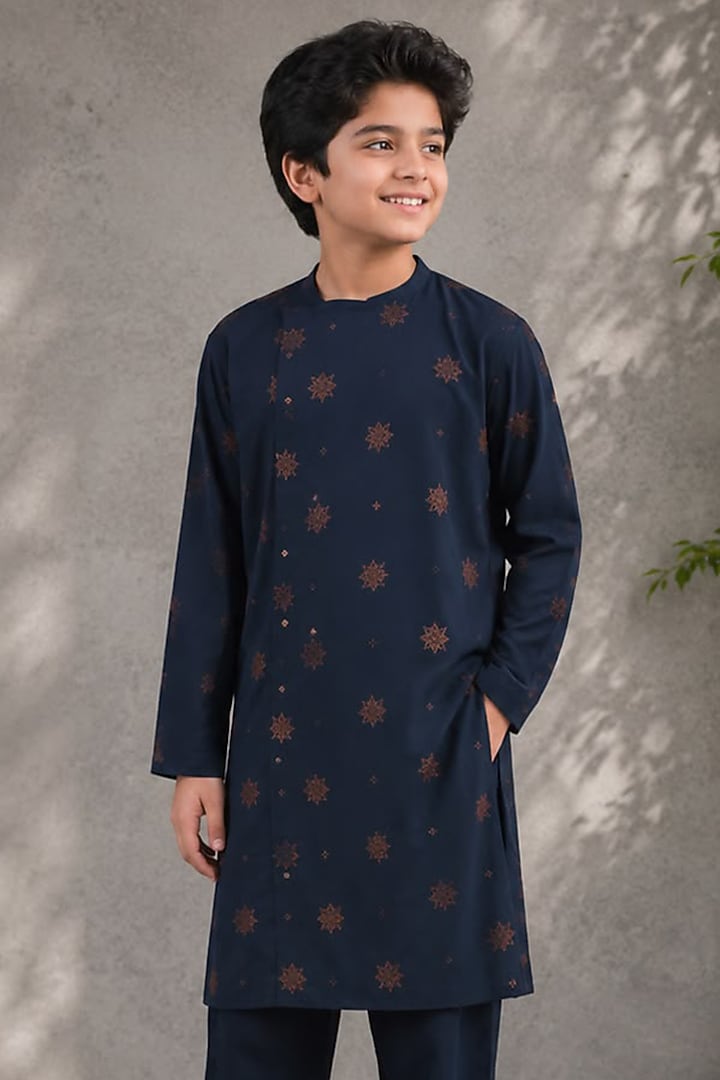 Blue Cotton Silk Embroidered Kurta Set For Boys by Jorah Kids at Pernia's Pop Up Shop