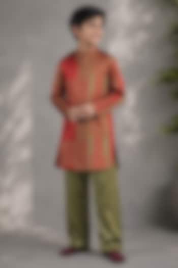 Orange Cotton Satin Printed Kurta Set For Boys by Jorah Kids at Pernia's Pop Up Shop