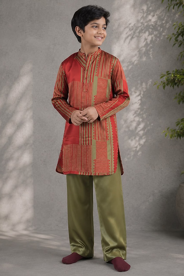 Orange Cotton Satin Printed Kurta Set For Boys by Jorah Kids at Pernia's Pop Up Shop