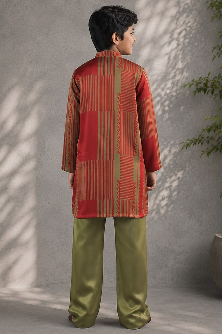 Orange Cotton Satin Printed Kurta Set For Boys by Jorah Kids at Pernia's Pop Up Shop