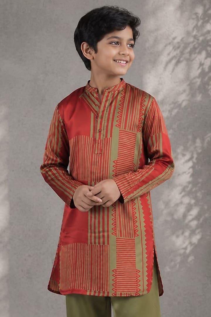 Orange Cotton Satin Printed Kurta Set For Boys by Jorah Kids at Pernia's Pop Up Shop