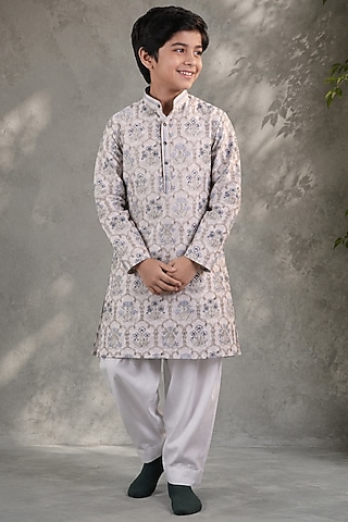 White Cotton Silk Embroidered Kurta Set For Boys by Jorah Kids