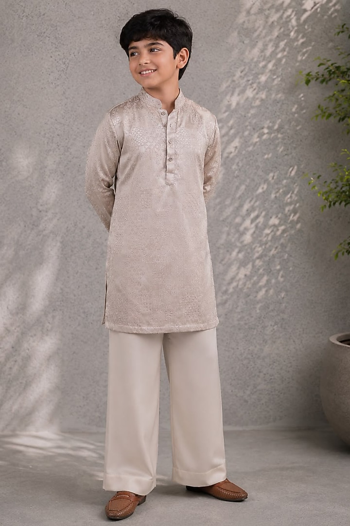 Champagne Cotton Satin Embroidered Kurta Set For Boys by Jorah Kids at Pernia's Pop Up Shop