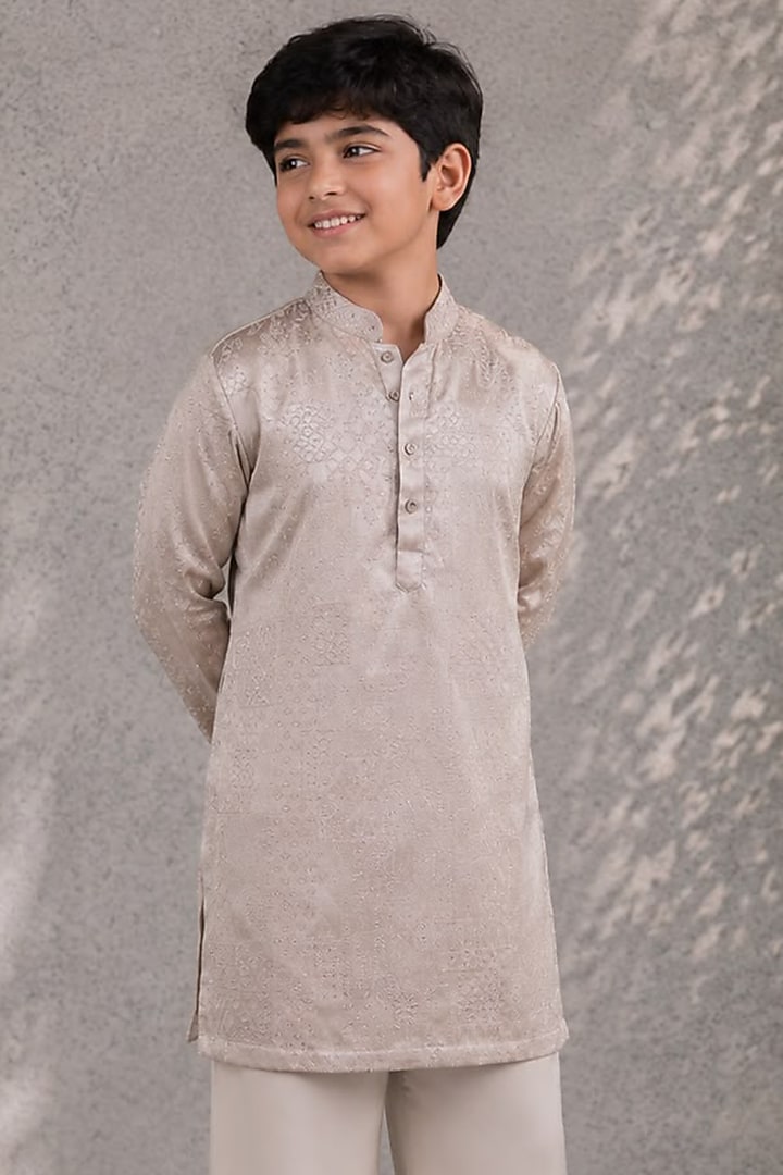 Champagne Cotton Satin Embroidered Kurta Set For Boys by Jorah Kids at Pernia's Pop Up Shop