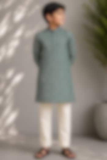 Green Silk Printed Kurta Set For Boys by Jorah Kids at Pernia's Pop Up Shop
