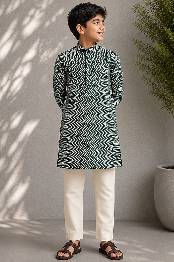 Green Silk Printed Kurta Set For Boys by Jorah Kids at Pernia's Pop Up Shop