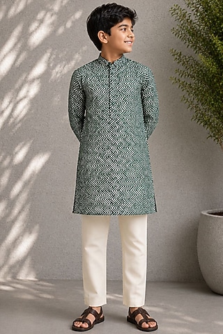 Green Silk Printed Kurta Set For Boys by Jorah Kids