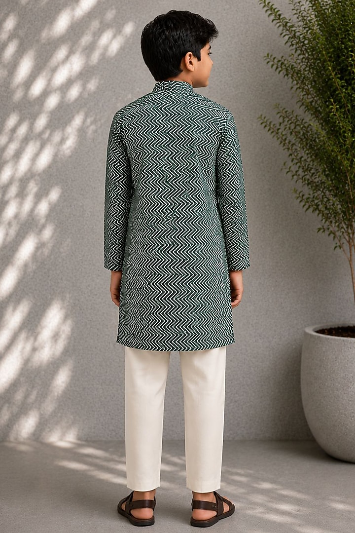 Green Silk Printed Kurta Set For Boys by Jorah Kids at Pernia's Pop Up Shop