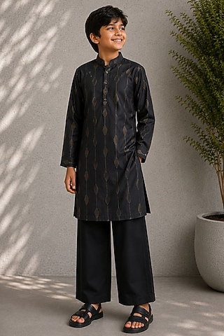 Black Cotton Silk Embroidered Kurta Set For Boys by Jorah Kids