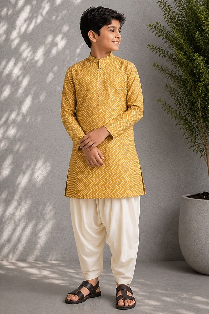 Mustard Silk Printed Kurta Set For Boys by Jorah Kids at Pernia's Pop Up Shop