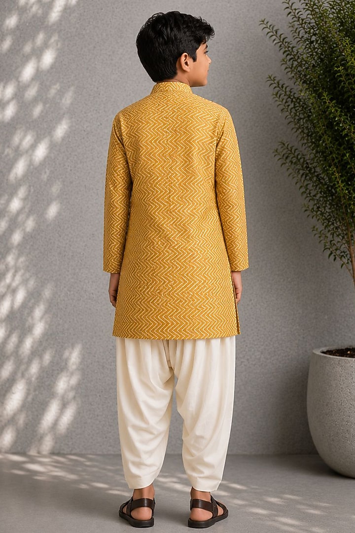 Mustard Silk Printed Kurta Set For Boys by Jorah Kids at Pernia's Pop Up Shop