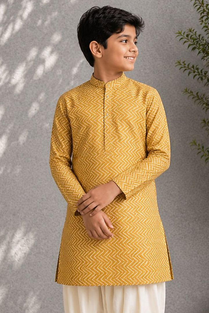 Mustard Silk Printed Kurta Set For Boys by Jorah Kids at Pernia's Pop Up Shop