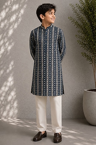 Grey Silk Bandhani Printed Kurta Set For Boys by Jorah Kids