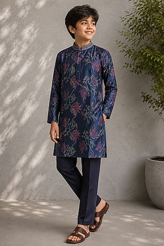 Blue Cotton Silk Embroidered Kurta Set For Boys by Jorah Kids