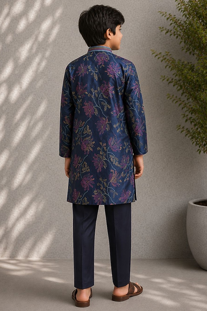 Blue Cotton Silk Embroidered Kurta Set For Boys by Jorah Kids at Pernia's Pop Up Shop