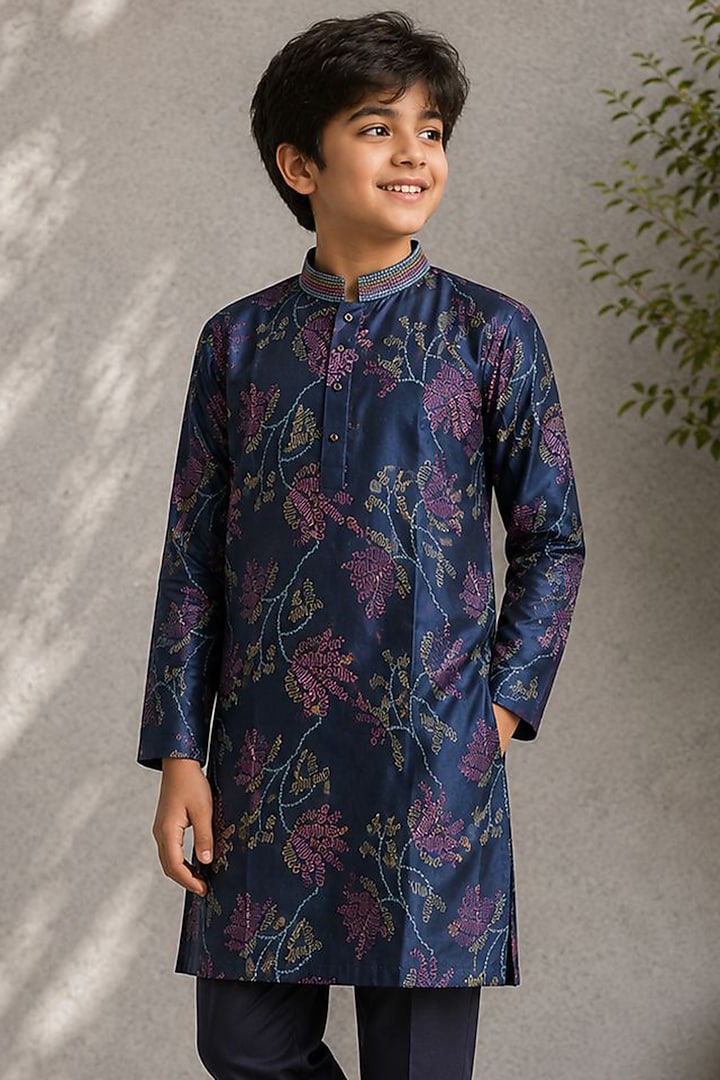 Blue Cotton Silk Embroidered Kurta Set For Boys by Jorah Kids at Pernia's Pop Up Shop