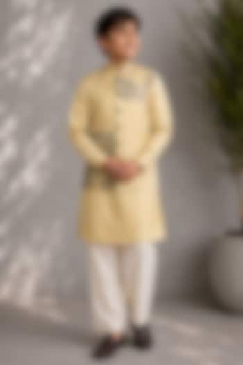 Beige Dupion Embroidered Nehru Jacket Set For Boys by Jorah Kids at Pernia's Pop Up Shop