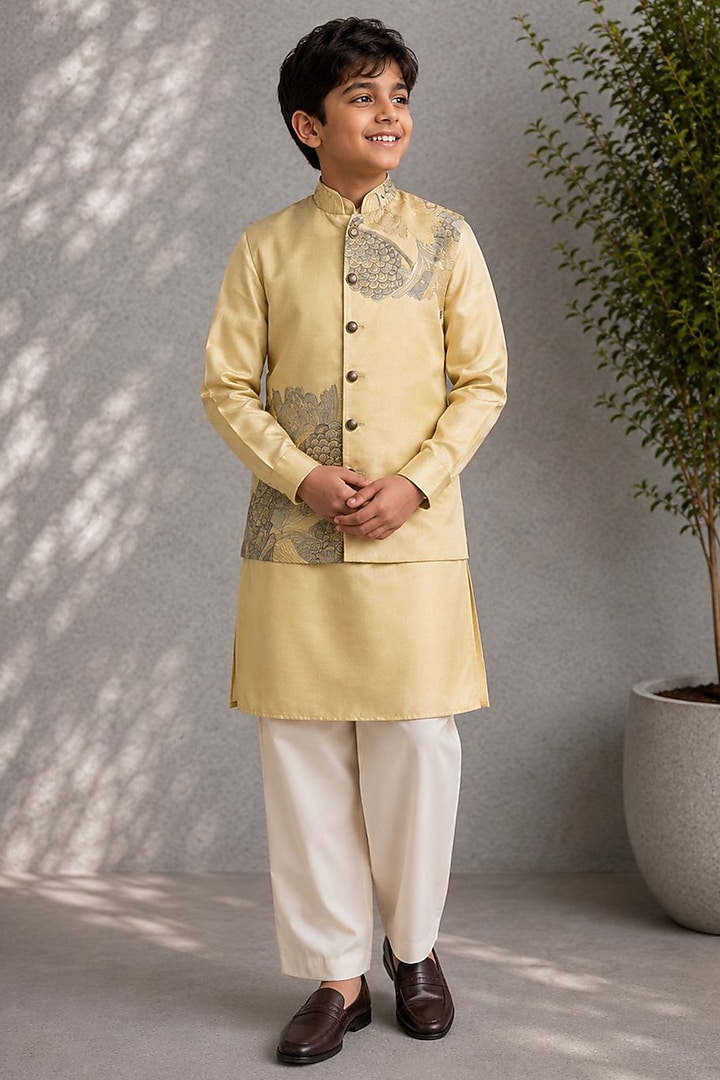 Beige Dupion Embroidered Nehru Jacket Set For Boys by Jorah Kids at Pernia's Pop Up Shop