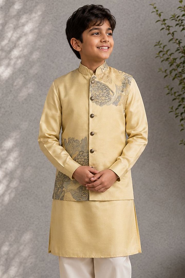 Beige Dupion Embroidered Nehru Jacket Set For Boys by Jorah Kids at Pernia's Pop Up Shop