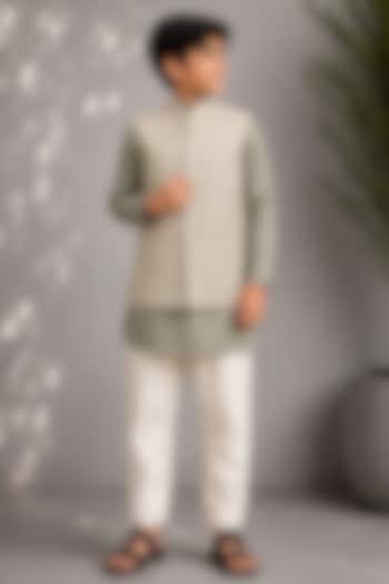 Green Dupion Embroidered Nehru Jacket Set For Boys by Jorah Kids at Pernia's Pop Up Shop
