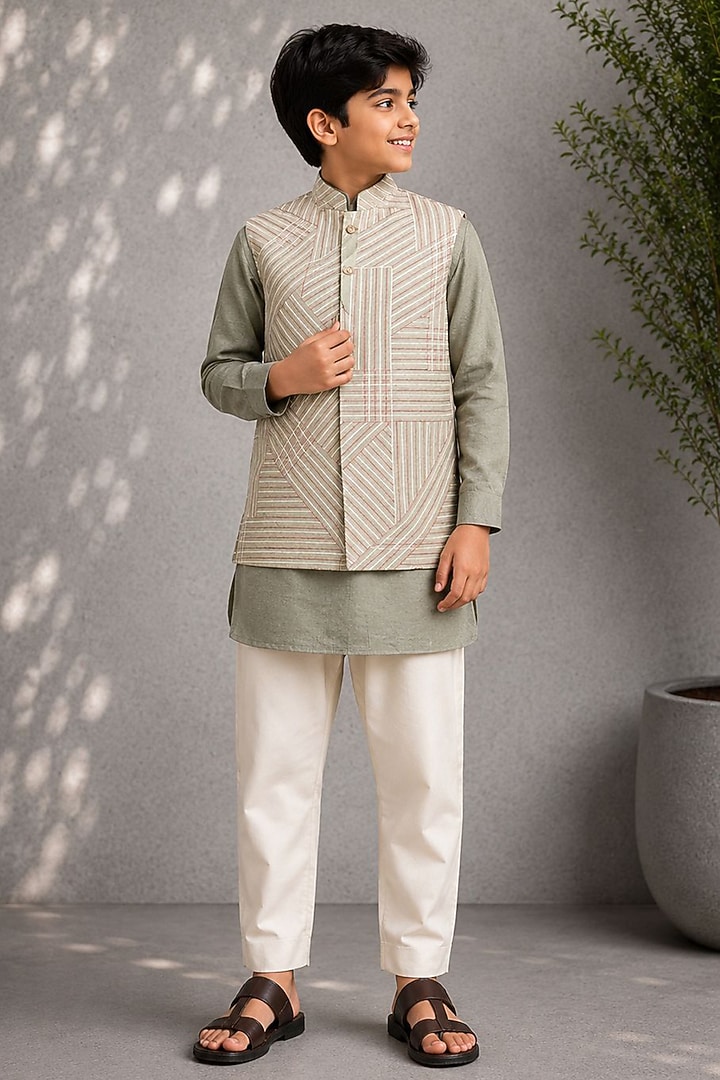 Green Dupion Embroidered Nehru Jacket Set For Boys by Jorah Kids at Pernia's Pop Up Shop