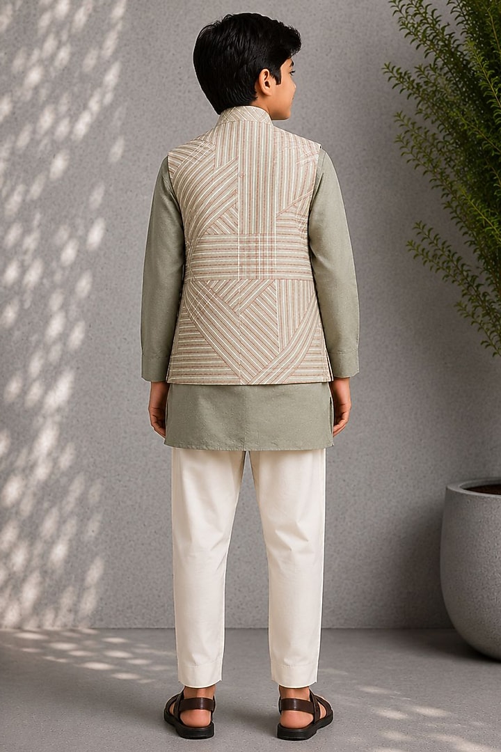 Green Dupion Embroidered Nehru Jacket Set For Boys by Jorah Kids at Pernia's Pop Up Shop