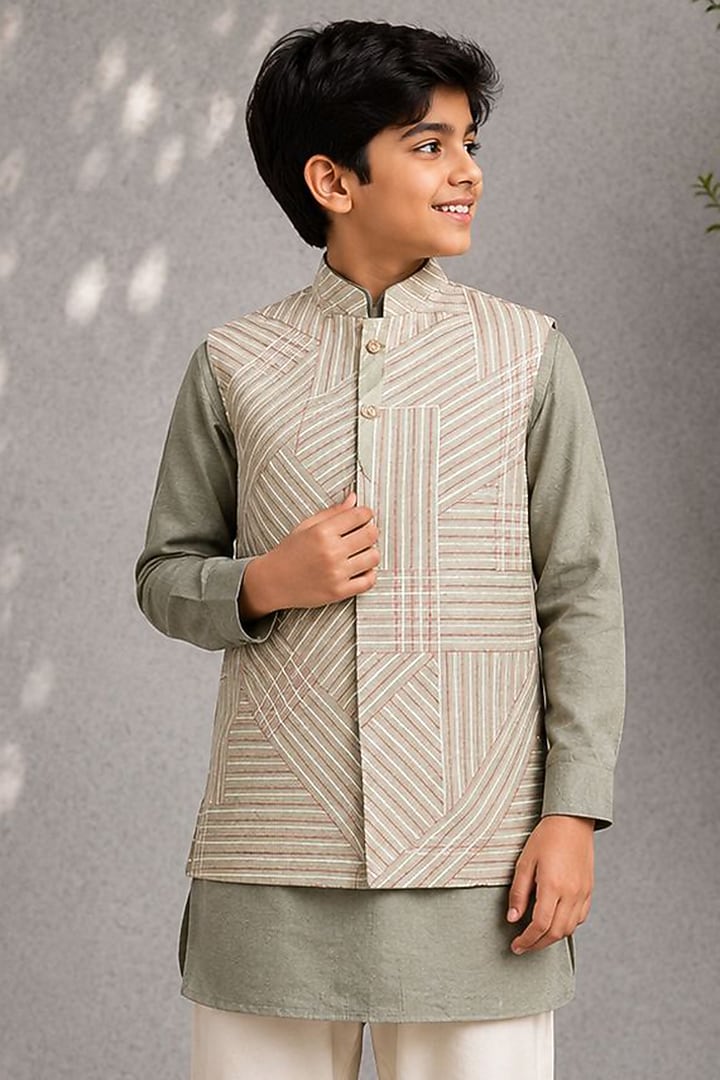 Green Dupion Embroidered Nehru Jacket Set For Boys by Jorah Kids at Pernia's Pop Up Shop